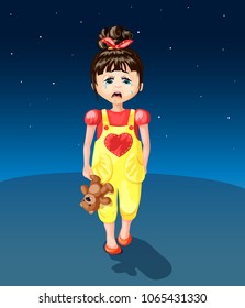 Cartoon crying young girl wearing overalls and holding teddy bear on night sky landscape vector illustration