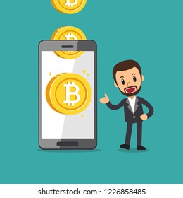 Cartoon cryptocurrency concept smartphone help businessman to earn money for design.