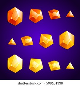 cartoon crystals set of various shapes. Shades of yellow color stones. GUI and UI elements.
