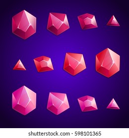 Cartoon crystals set of various shapes. Shades of red color stones. GUI and UI elements.