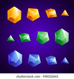 cartoon crystals set of various shapes. Green, blue, yellow color stones. GUI and UI elements.