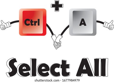 cartoon Ctrl and A computer key combination for Select All designed to be easy to remember. suitable for learning. vector illustration