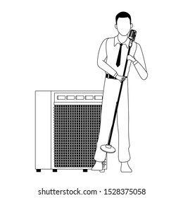 cartoon cuban singer with microphone stand and sound amplifier over white background, vector illustration
