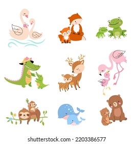 Cartoon cubs and mother animals. Mother elephant koala, wild cute baby. Animal and pets, funny family bird in love. Mom bear and swan nowaday vector characters