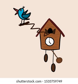 Cartoon cuckoo clock. Hand drawn funny doodle illustration of a bird emerging from old clock house. Isolated vector.