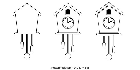 Cartoon cuckoo clock, wall clock sign. time icon. antique bird clock. Old bird pendulum clocks. Flat bird cuckoo-clock. 