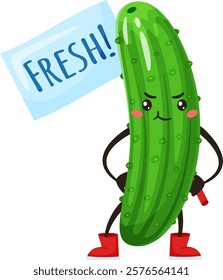 Cartoon cucumber character wearing vibrant red boots, joyfully holding a fresh sign that promotes healthy eating and a lively lifestyle in a fun and engaging manner