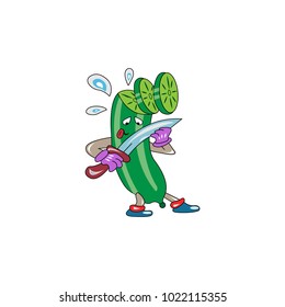 Cartoon cucumber cuts himself with knife .Vector illustration