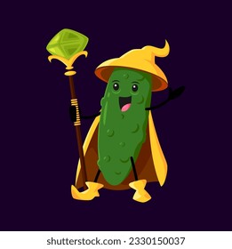 Cartoon cucumber Halloween vegetable wizard, witch and mage character. Vector ripe veggies magician personage with staff, wearing hat and cape promoting children entertainment related to magic or food