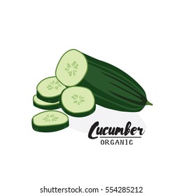 Cartoon  cucumber. Ripe green vegetable. Vegetarian delicious. Eco organic food.  Flat vector design, isolated on white background.