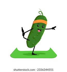 Cartoon cucumber vegetable character in yoga pose. Vector funny fresh comic veggies standing on mat finding balance in body and mind during wellness session. Health care and mental yogi practice