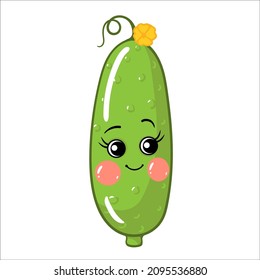 Cartoon cucumber, vegetables, fruits cute characters isolated on white background vector illustration. Cute Funny Fruit face icon vector collection for kids. Food emoji. Funny food concept.