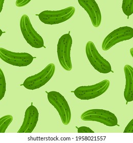 Cartoon cucumbers seamless pattern. Vector flat illustration of green fresh vegetables. Food background. 