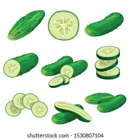 Cartoon cucumbers set. Whole cucumbers, half, flying slices and cucumbers group. Fresh farm vegetables collection. Vector illustrations isolated on white background.