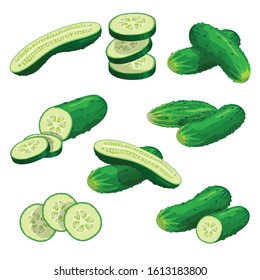 Cartoon cucumbers set. Whole cucumbers, half, flying slices and cucumbers group. Fresh farm vegetables collection. Vector illustrations isolated on white background.