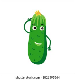 Cartoon cuke with eyes, mouth and hands on a white isolated background.Flat illustration of funny vegetables.