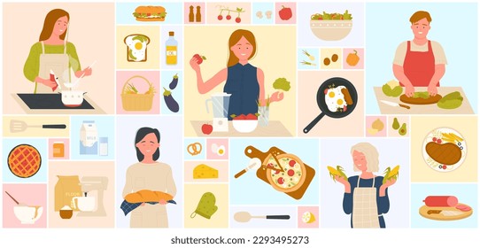 Cartoon culinary collection with people cooking meal at kitchen table, basket with vegetables and soup, homemade bread and pizza in square collage background. Cooking food set vector illustration