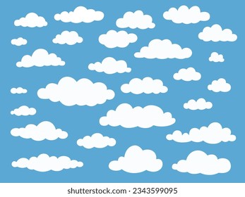 Nubes de estímulo de dibujos animados. Burbujas esponjosas del cielo blanco. Forma redondeada. Fondo azul del cielo nublado. Cloudscape de estilo plano. Evaporación atmosférica voladora. Meteorología