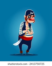 Cartoon cunning Pirat Kapitän, Korsair Seemann mit Spielkarten. Vektorgrafik, die mit einem kleinen Grinsen-, Bandana- und Augenpflaster überfallen wird, mischt geschickt Karten und plottet Unfug mit einem schelhaften Glint