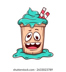 Cartoon cup with a blue frosting and a straw sticking out of it. The cup has a funny face and is smiling