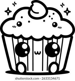 Cartoon Cup Cake Character with Playful Cheeks and Big Eyes. Simple outline for coloring page book.