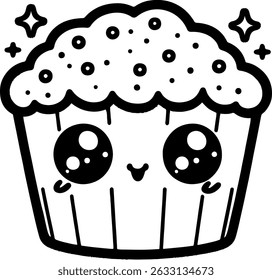 Cartoon Cup Cake Character with Playful Cheeks and Big Eyes. Simple outline for coloring page book.