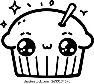 Cartoon Cup Cake Character with Playful Cheeks and Big Eyes. Simple outline for coloring page book.
