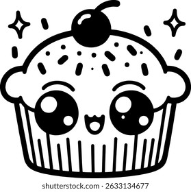 Cartoon Cup Cake Character with Playful Cheeks and Big Eyes. Simple outline for coloring page book.