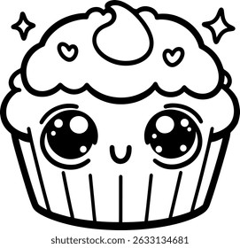 Cartoon Cup Cake Character with Playful Cheeks and Big Eyes. Simple outline for coloring page book.