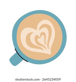 Cartoon cup of cappuccino with latte art, top view. Vector flat illustration. White background.