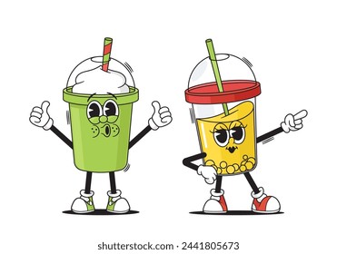 Cartoon Cup Characters Boasting Funky Faces, Swirling In A Disco Dance. Jazzy Juice And Chill Latte Or Smoothies Mugs