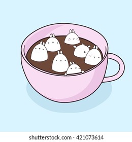 Cartoon cup of cocoa with cute bunny-marshmallow. Vector illustration for card or t-shirt.