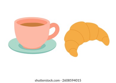 Cartoon cup of coffee with croissant. Cozy breakfast scene in pastel flat style illustration.
