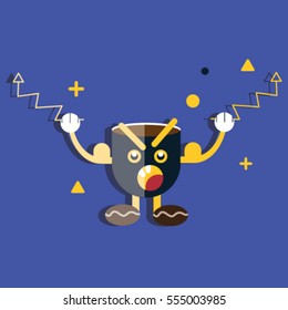 Cartoon cup of coffee with curve grapic on blue background.