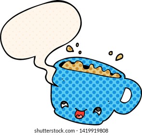 cartoon cup of coffee with speech bubble in comic book style