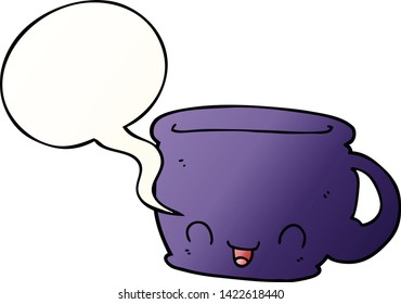 cartoon cup of coffee with speech bubble in smooth gradient style