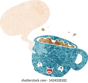 Cartoon-Tasse Kaffee mit Sprachblase in gerundeten Retro-strukturierten Stil