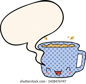 xícara de café de desenho animado com balão de fala em estilo de quadrinhos