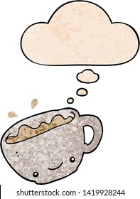 cartoon cup of coffee with thought bubble in grunge texture style