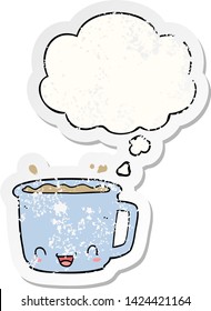 taza de café de dibujos animados con burbuja de pensamiento como pegatina desgastada angustiada