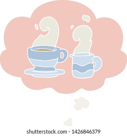 taza de café de dibujos animados con burbuja de pensamiento en estilo retro