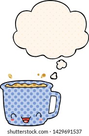 cartoon cup of coffee with thought bubble in comic book style