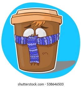 Cartoon Cup of coffee. Vector illustration with the image of emotions on the coffee Cup wrapped with a scarf 