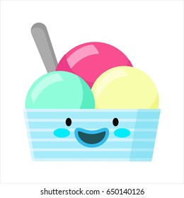 Cartoon cup of frozen yogurt or ice cream with smiley face and with spoon. Different colored balls inside. Vector illustration.