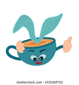 Cartoon cup. Funny mascot. A coffee mug with an anthropomorphic face and bunny ears. Registration of the children's menu of the cafe. Isolated cute tableware. Vector illustration for Easter.