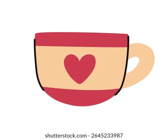 Cartoon cup with heart and red border. Vector flat illustration. White background.