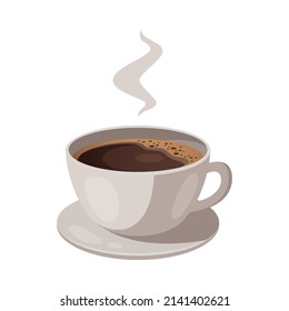 Cartoon cup of hot black coffee on saucer vector illustration