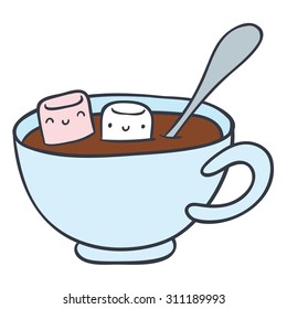 Cartoon Cup Of Hot Chocolate And Smiling Marshmallows - Doodle Hand Drawing Vector Illustration