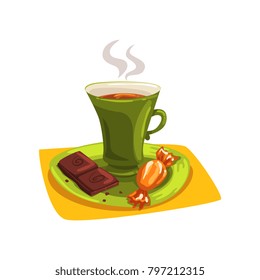 Cartoon cup of hot tea on saucer with candy and piece of chocolate. Delicious breakfast. Good morning concept. Flat vector design for restaurant or cafe menu