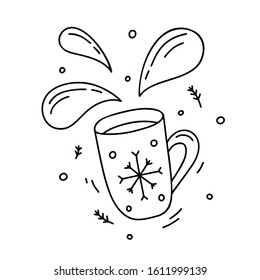 Cartoon cup with isolated spray. Contour mug with hot chocolate, cocoa, tea or coffee. Hand drawn vector concept. Outline doodle illustration for poster. Black and white line art image